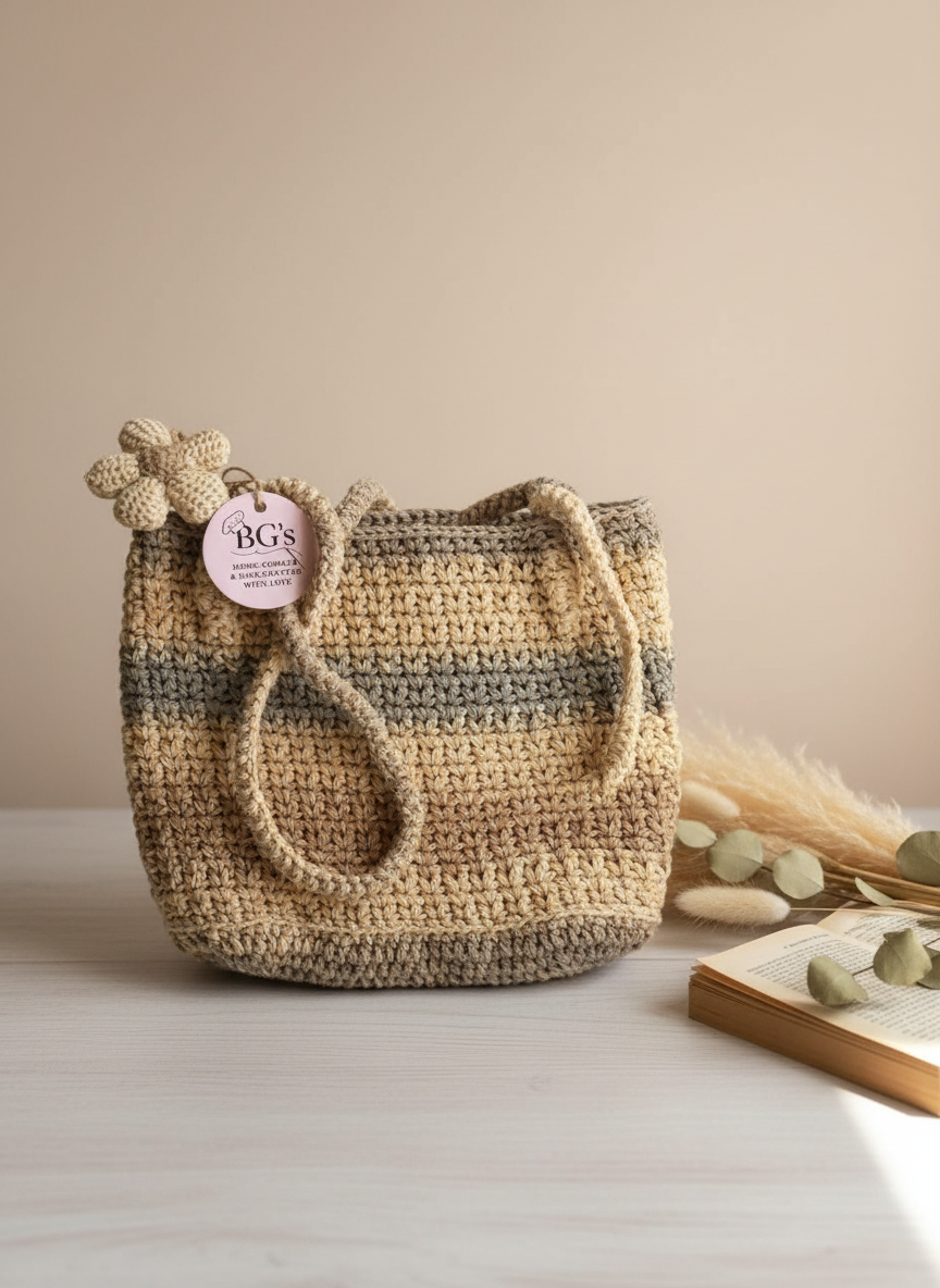 Crocheted bag with a tag on a light surface