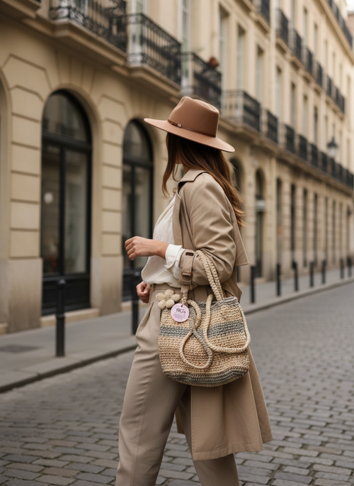 Woman in a beige coat and hat walking down a city street, carrying a woven bag.