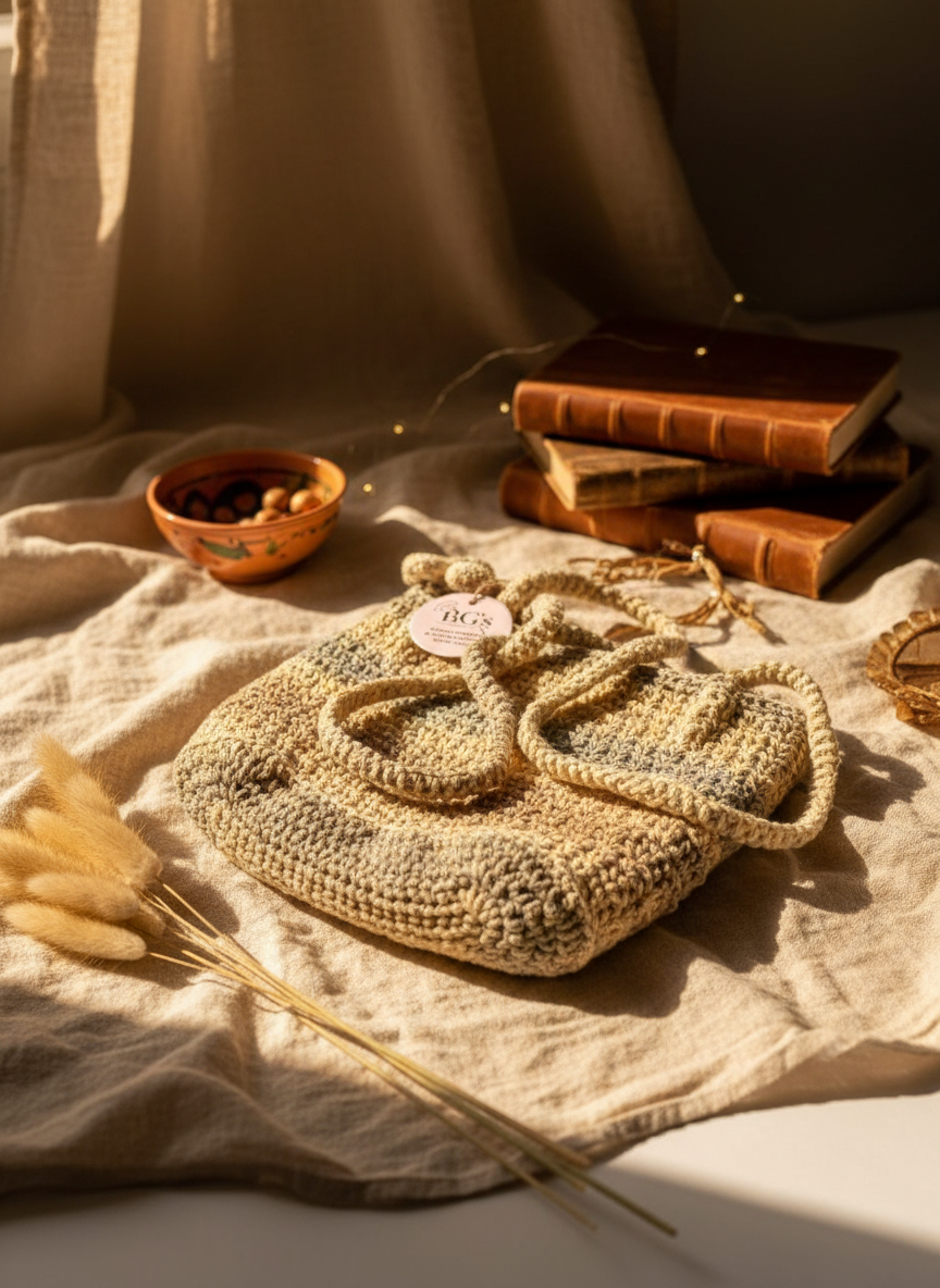 Crocheted bag with a tag on a textured surface with books and a bowl in the background