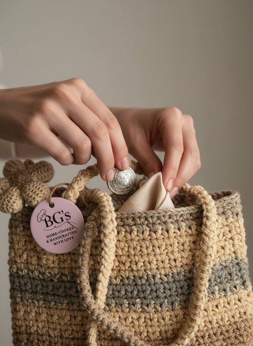 Hand holding a coin over a crocheted bag with a visible brand tag.