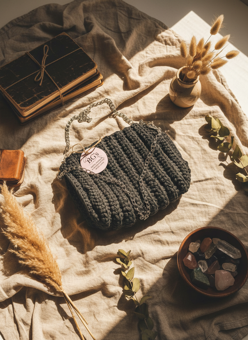 Knitted bag with a tag on a textured surface with books and decorative items.