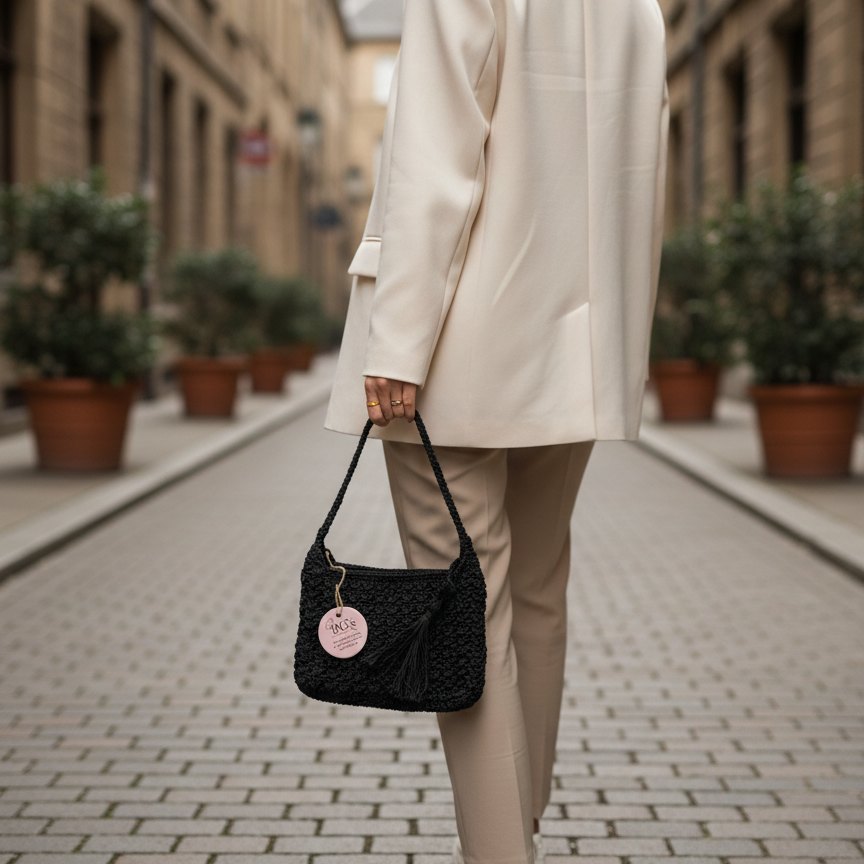 Person walking down a street holding a black handbag with a pink label.