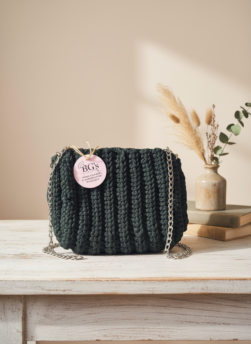 Dark green knitted bag with a chain strap on a wooden surface, featuring a 'BG's' label.