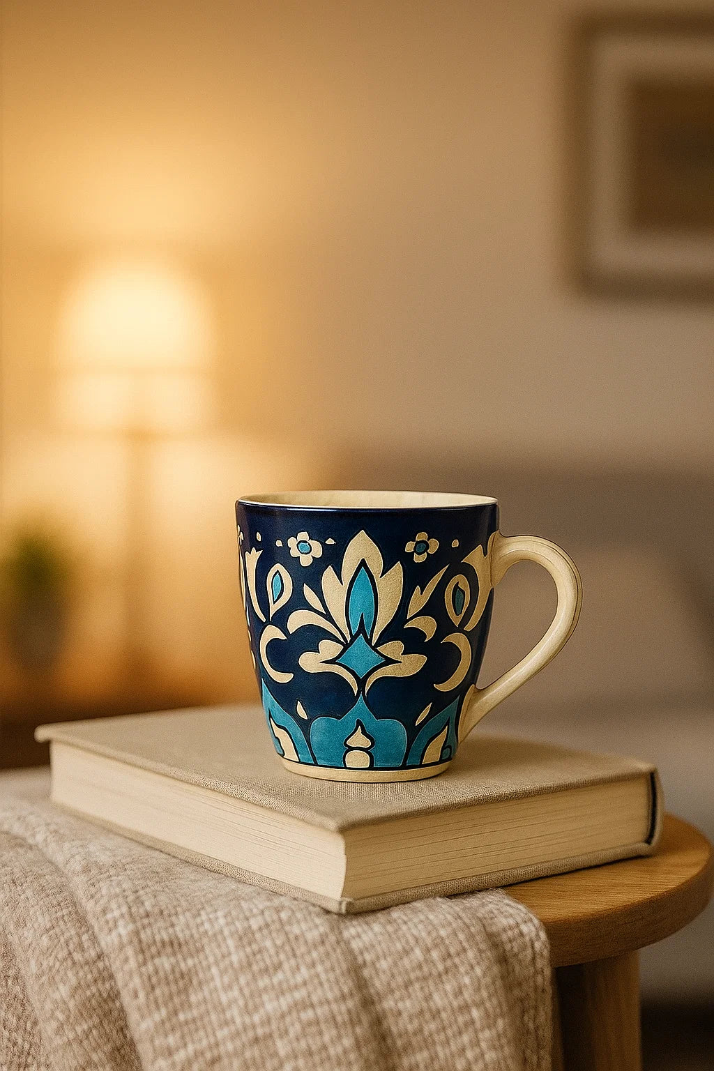 Decorative blue mug with floral patterns on a book, placed on a wooden surface with a warm background.