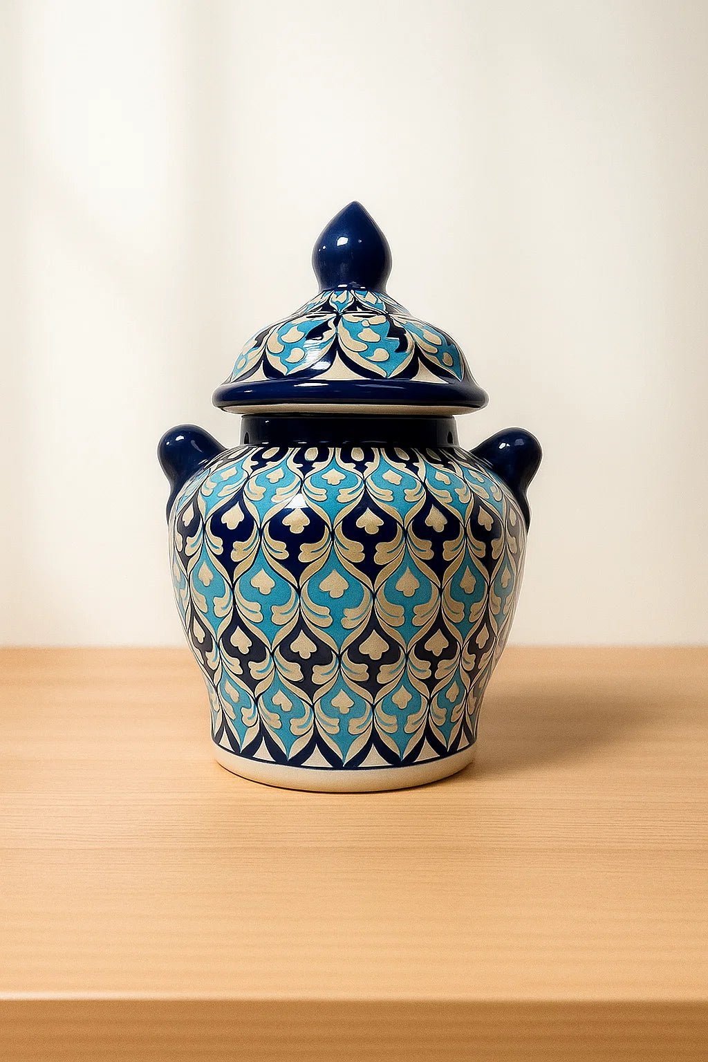 Ceramic jar with blue and white pattern on a wooden surface