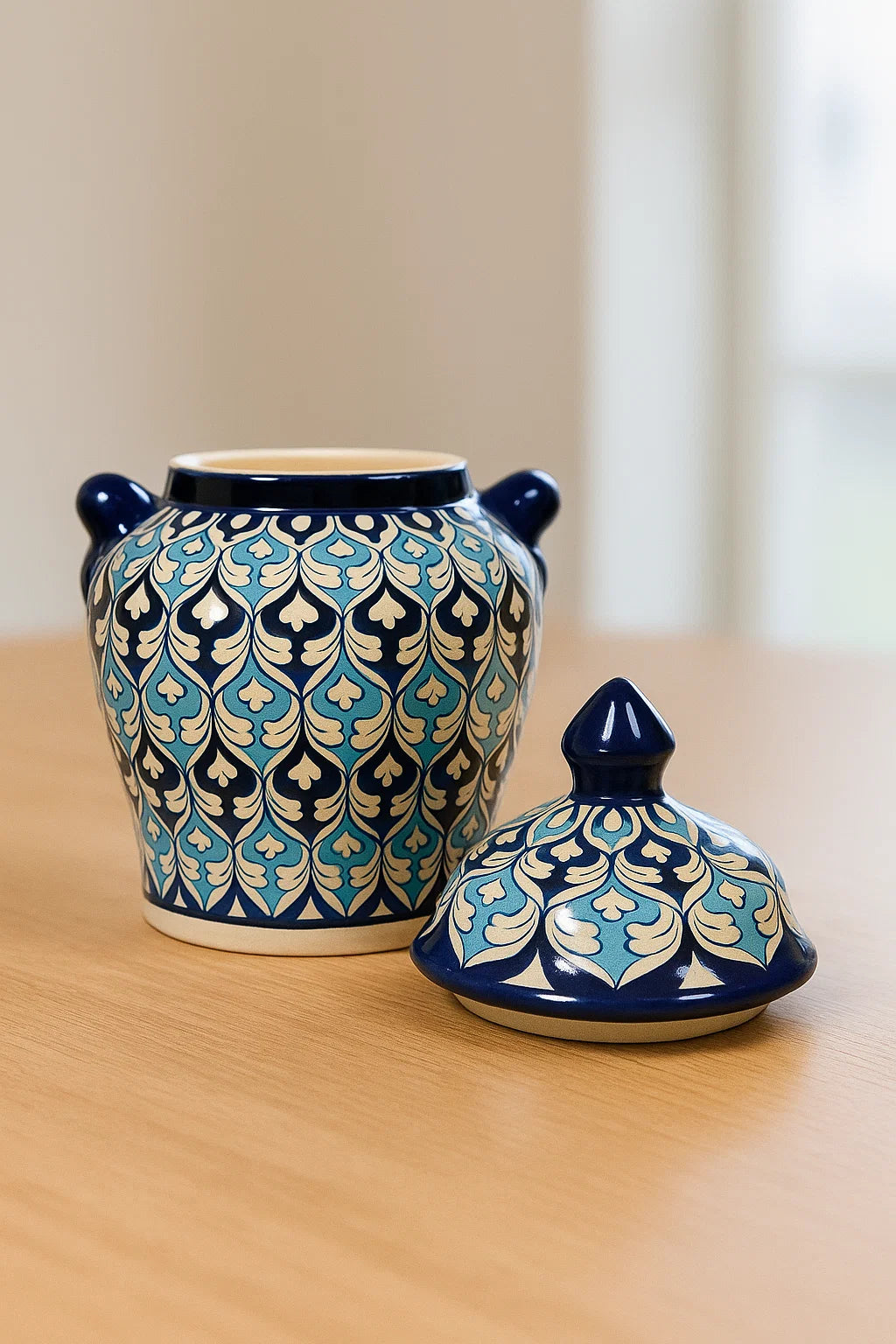 Ceramic jar with decorative blue and white pattern on a wooden surface