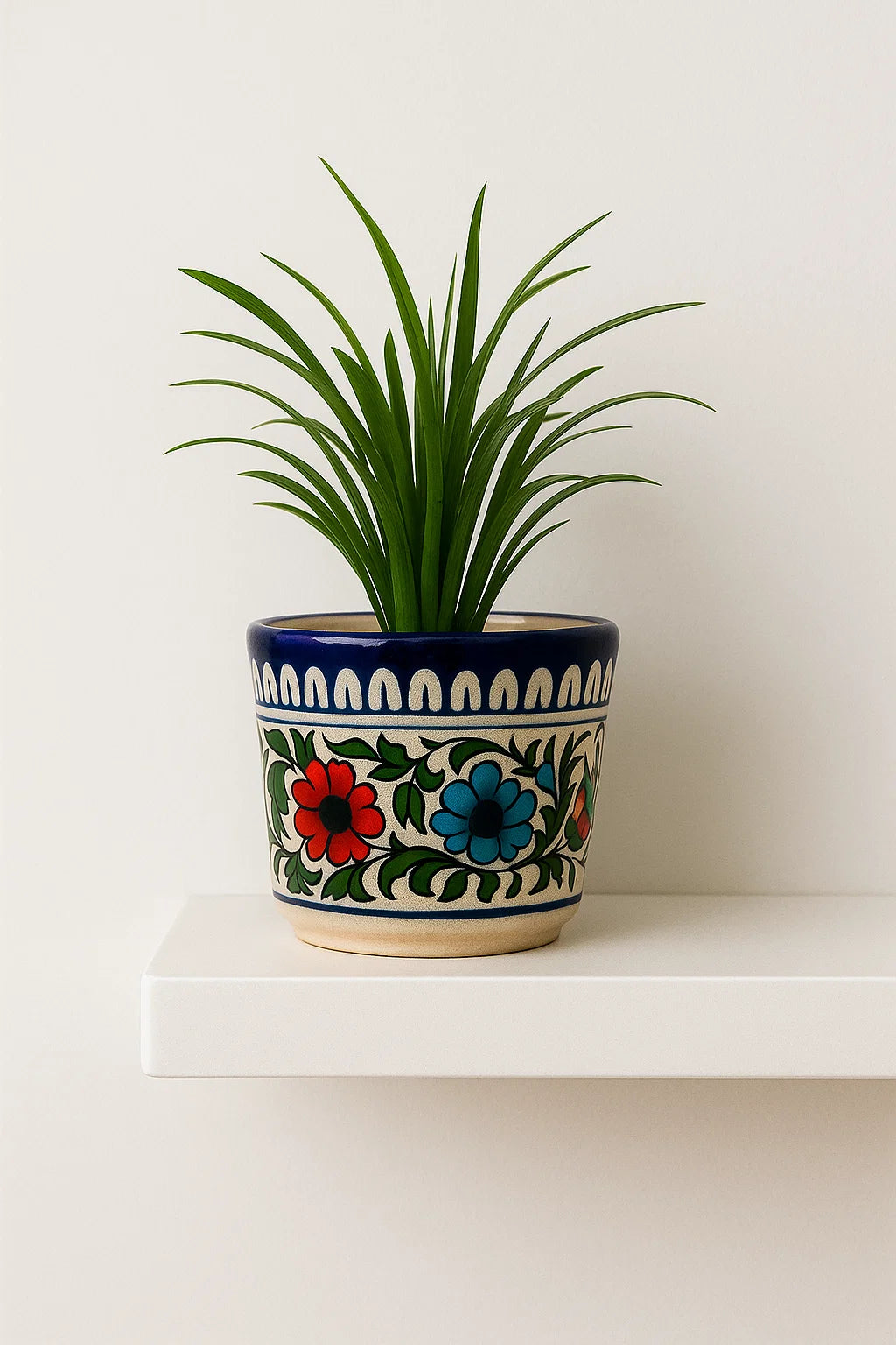 Decorative pot with floral patterns containing a green plant on a white surface.