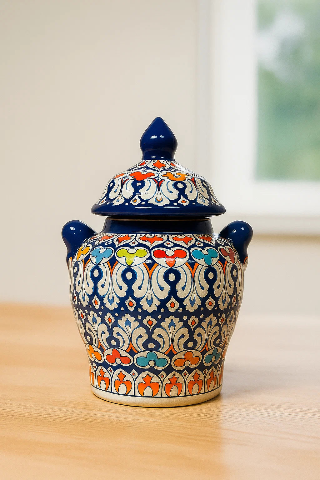 Decorative ceramic jar with colorful patterns on a wooden surface