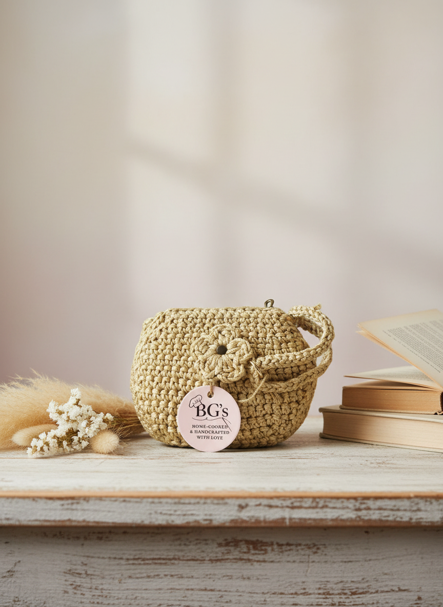 Woven basket with a pink label on a wooden surface