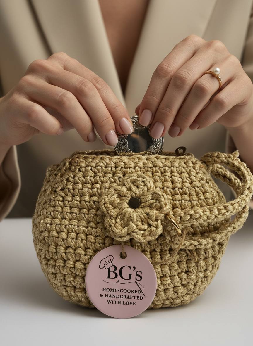 Beige crochet handbag with a flower detail and 'BG's' label on a neutral background