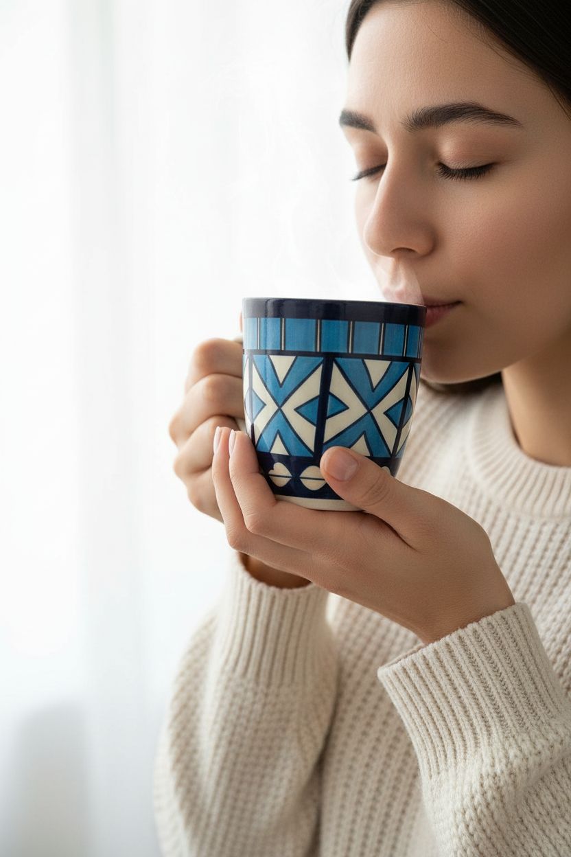 Woman drinking from a blue patterned mug against a white background