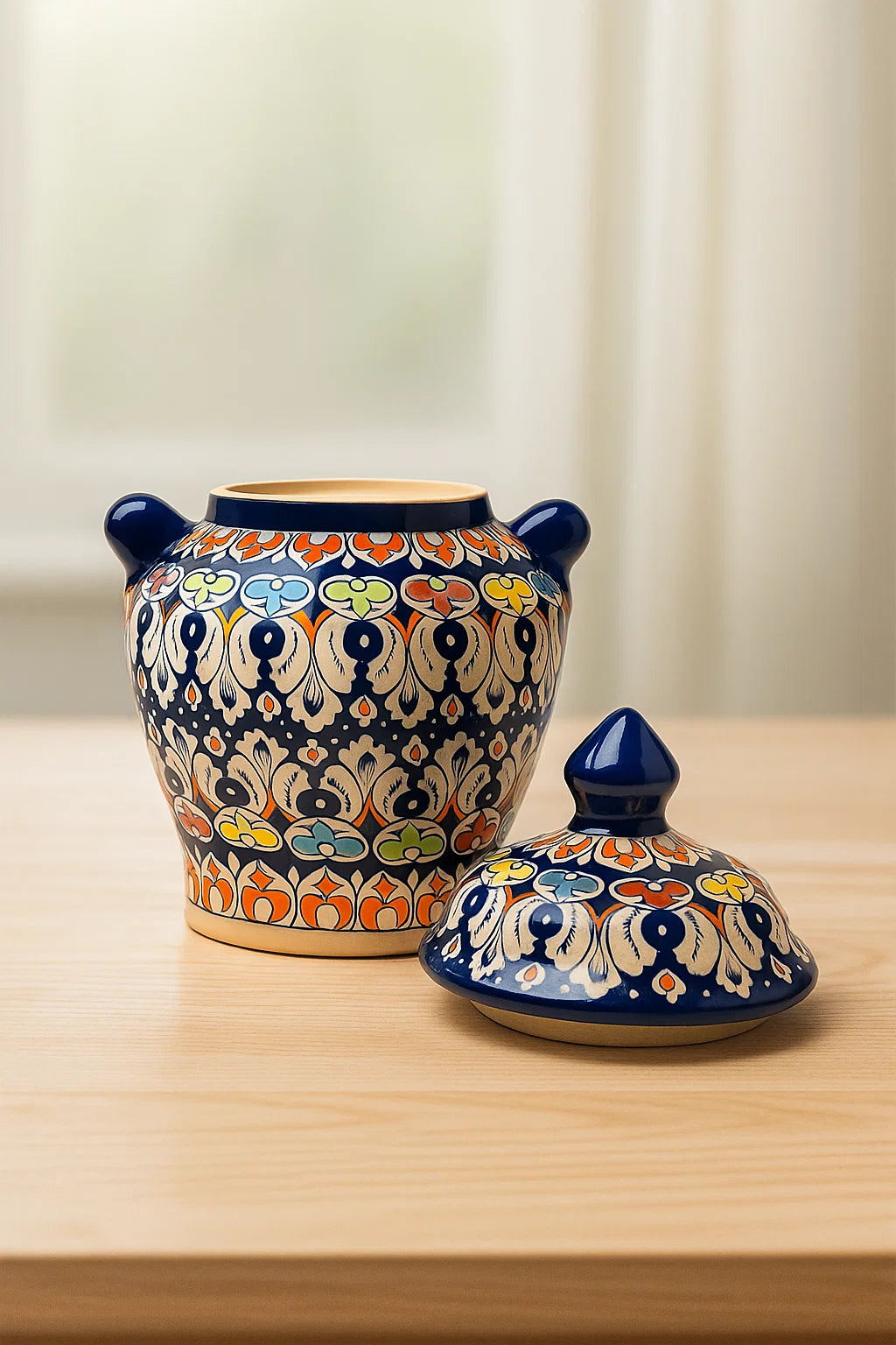Decorative ceramic jar with lid on a wooden surface