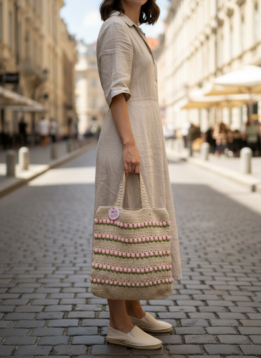 Woman in a long beige dress holding a patterned handbag on a city street.