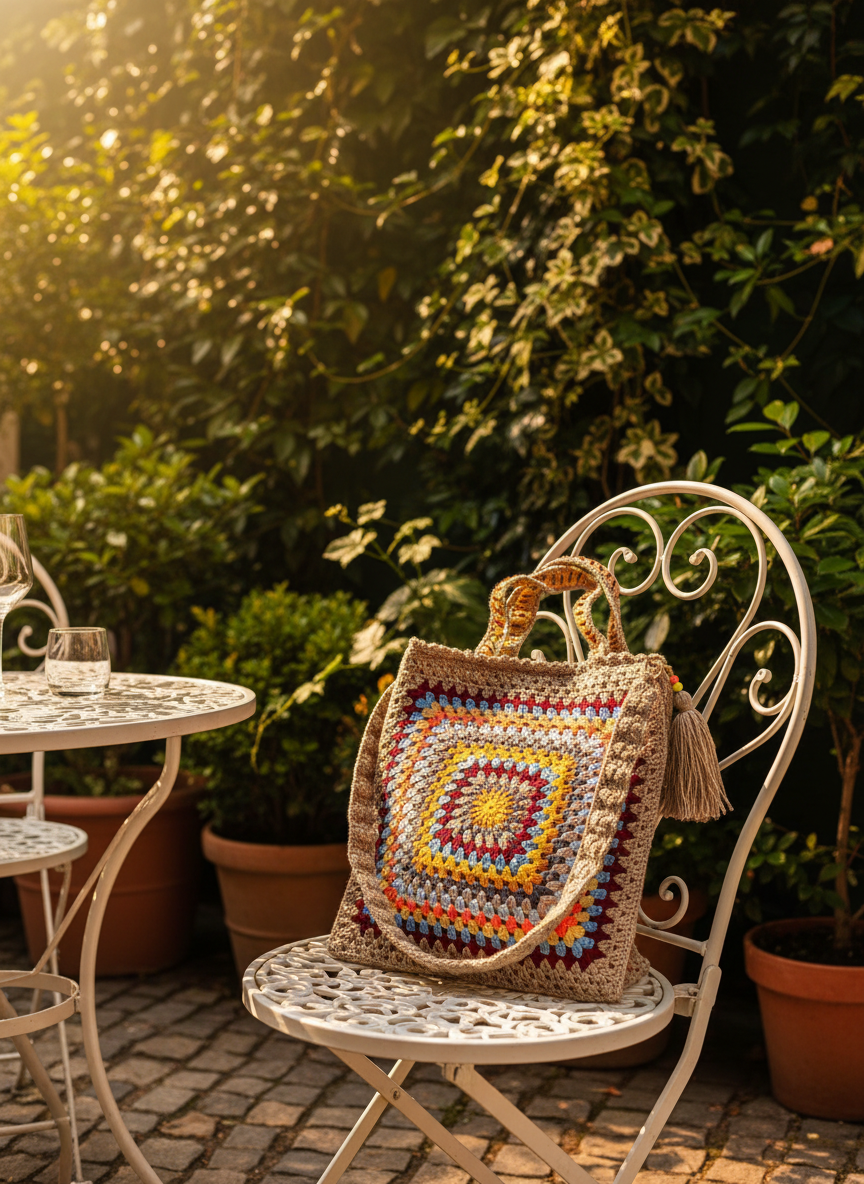 Colorful crochet bag on a chair in an outdoor garden setting