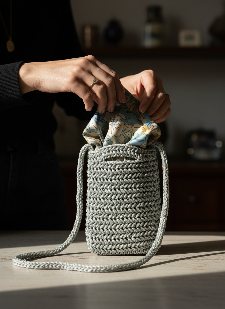 Person holding a woven handbag with a floral patterned lining.