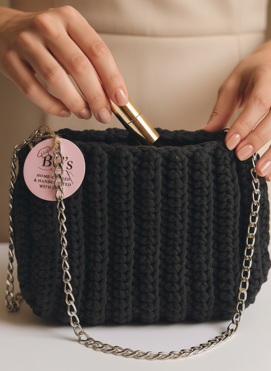 Black knitted handbag with a chain strap, held by a person, on a neutral background.