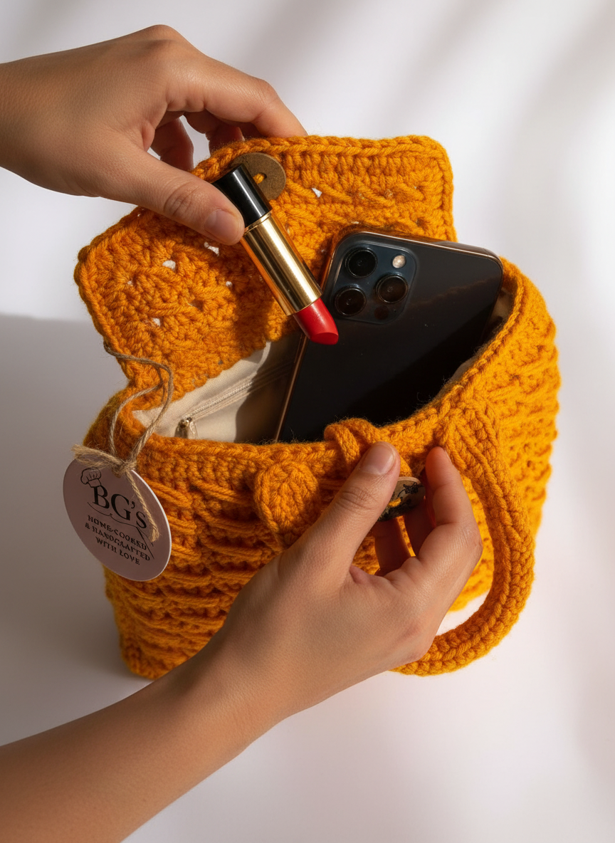 Orange crochet pouch with phone and lipstick held by hands on a white background