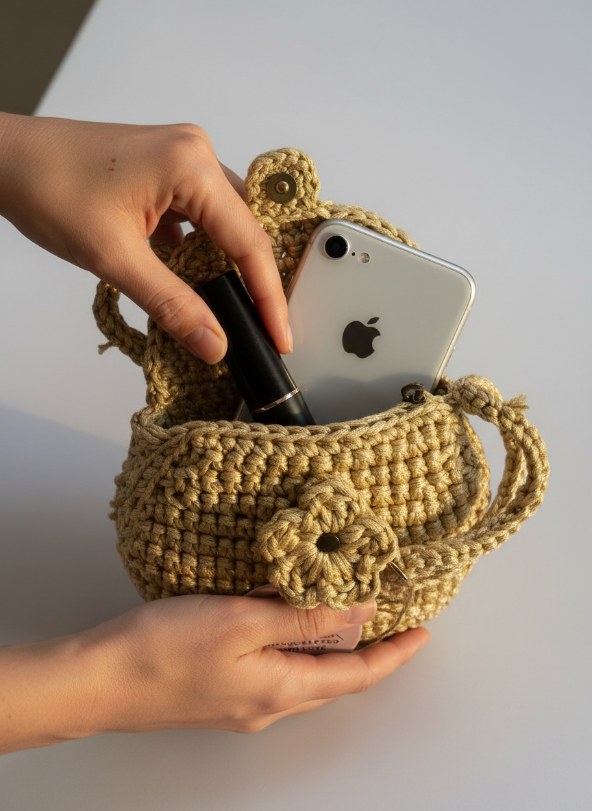 Hand holding a small crochet purse with phone and pen inside on a light background