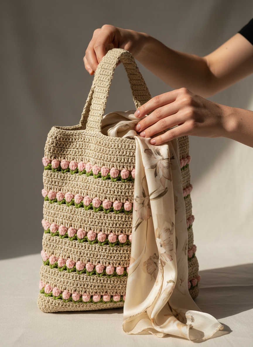 Woven handbag with pink and green accents held by a person against a neutral background