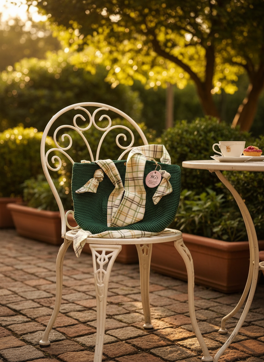 Decorative chair with a green cushion featuring plaid patterns in an outdoor setting.