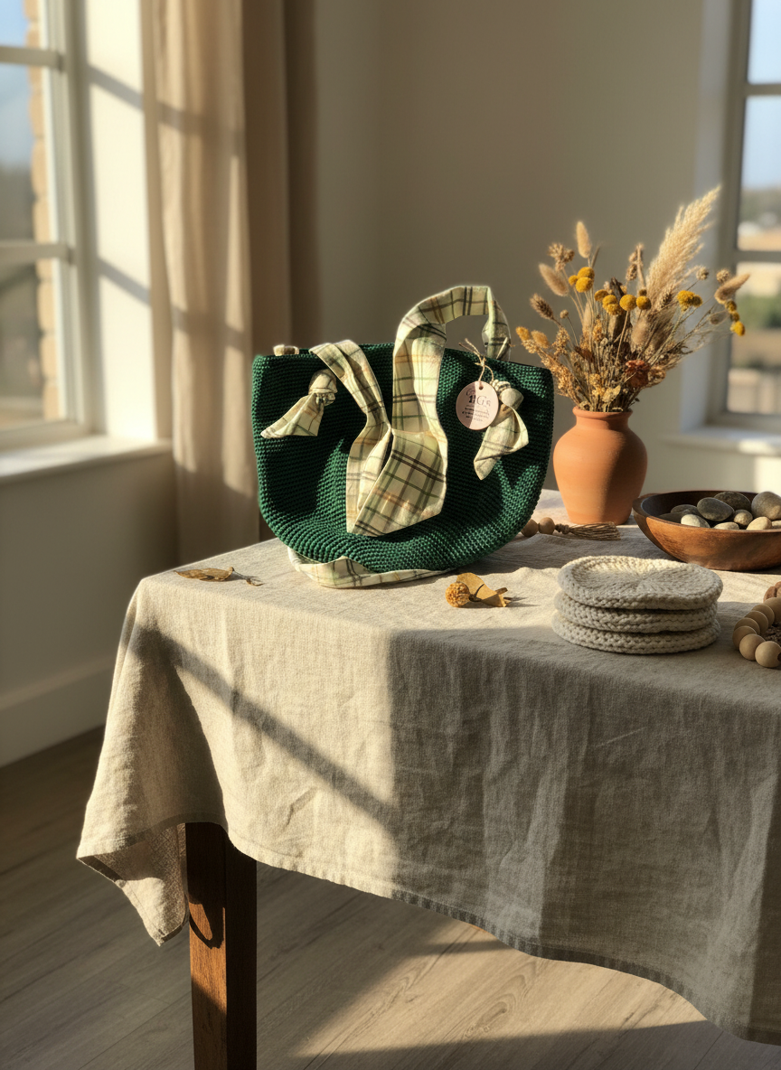 Green bag with plaid accents on a table with a textured tablecloth, vase, and decorative items.