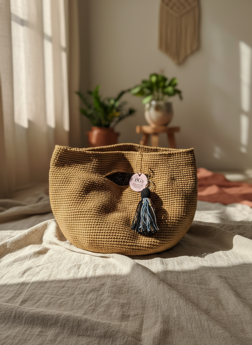 Woven basket with a tassel on a bed with plants in the background