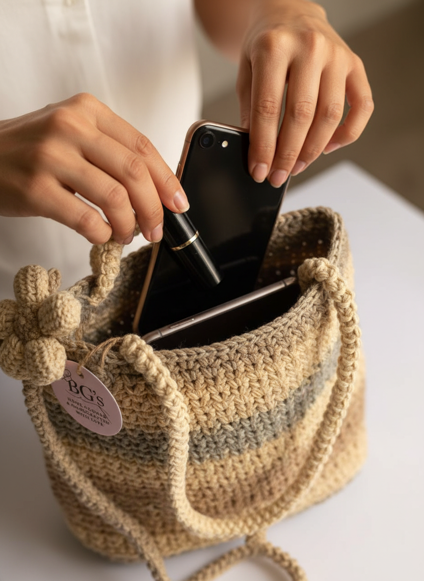 Person placing a phone into a beige crochet bag with a visible brand tag.