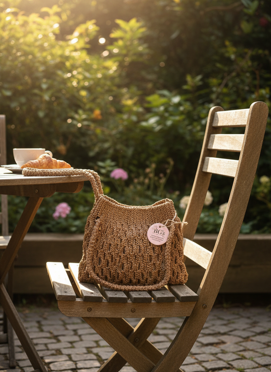 Brown woven bag on a wooden chair outdoors with a blurred garden background