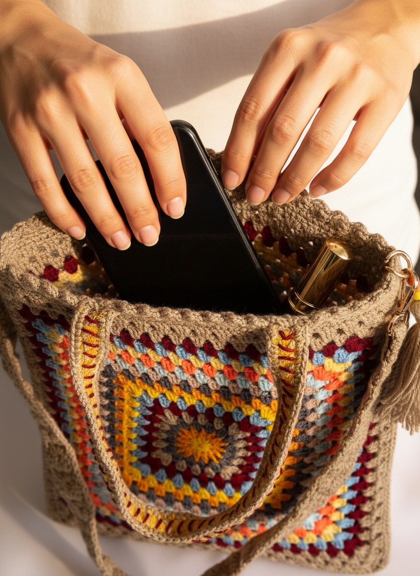 Colorful crocheted handbag with a person placing a phone inside.