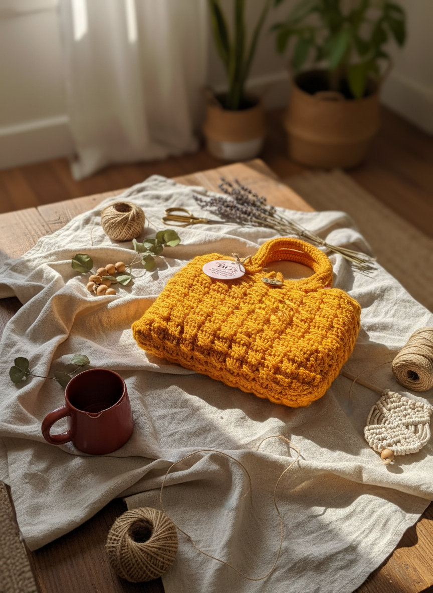 Yellow knitted bag on a wooden table with a cup, plants, and yarn.