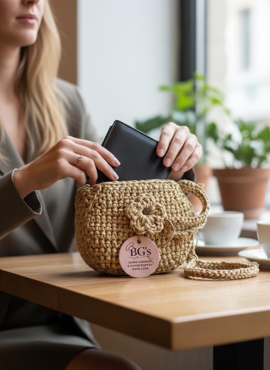 Person holding a black phone above a woven bag with a visible brand label on a wooden table.