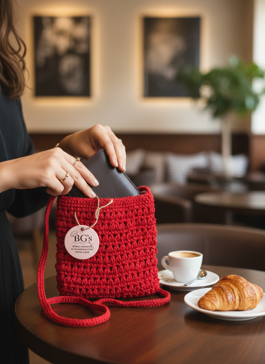 Person holding a red crocheted bag with a cafe setting in the background