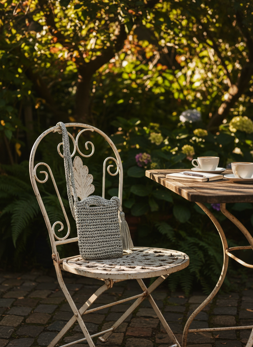 Vintage metal chair and table set in a garden with sunlight filtering through the leaves.