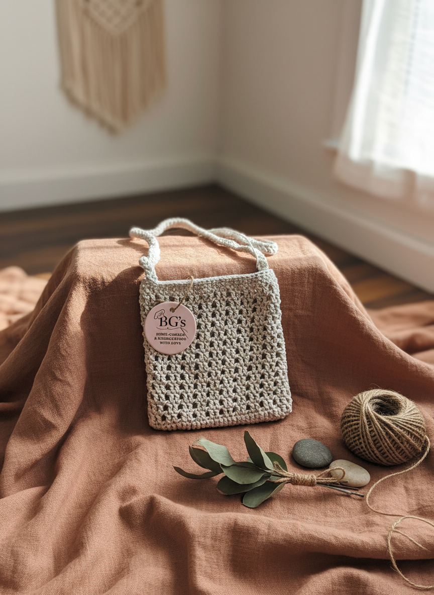 Crocheted bag with a label on a brown fabric surface, with a window in the background.