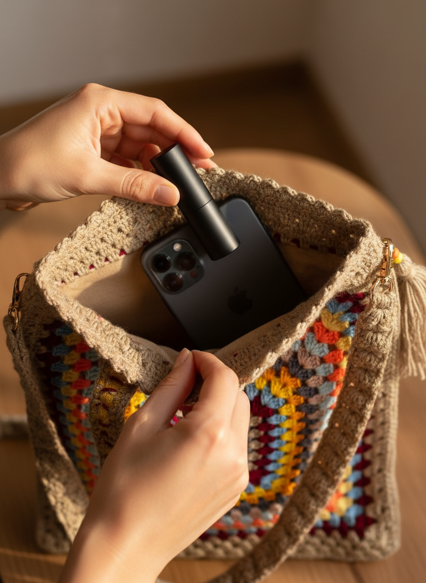 Person placing a black phone into a colorful crochet bag.