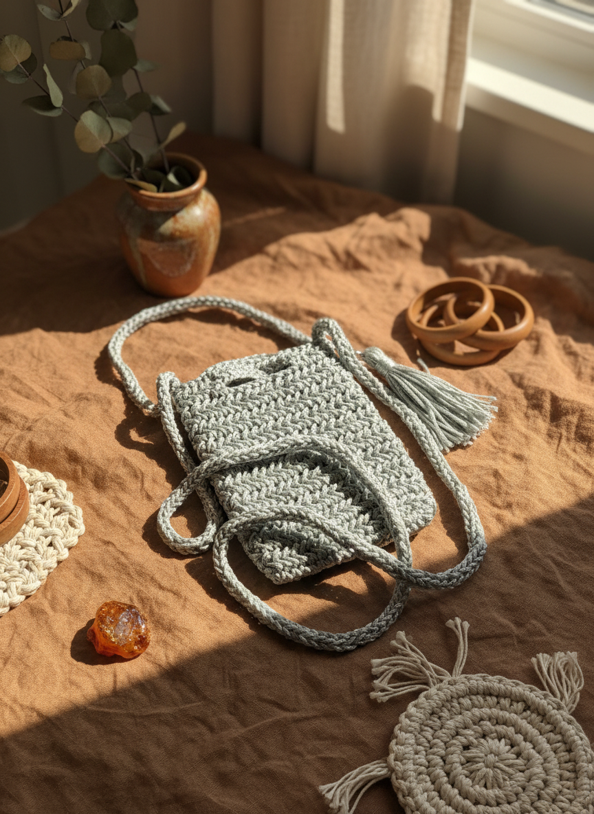 Crocheted bag on a textured surface with decorative items