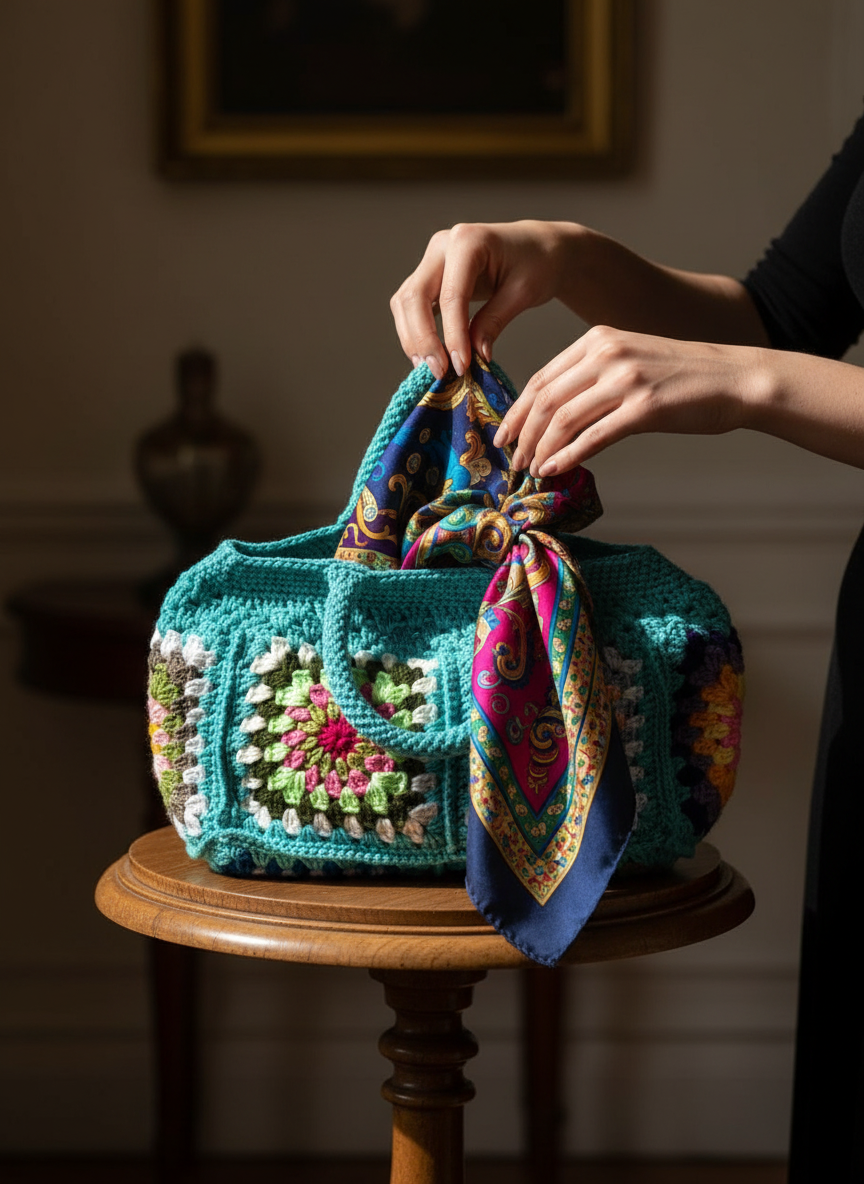 Turquoise Granny Square Crochet Hand Bag