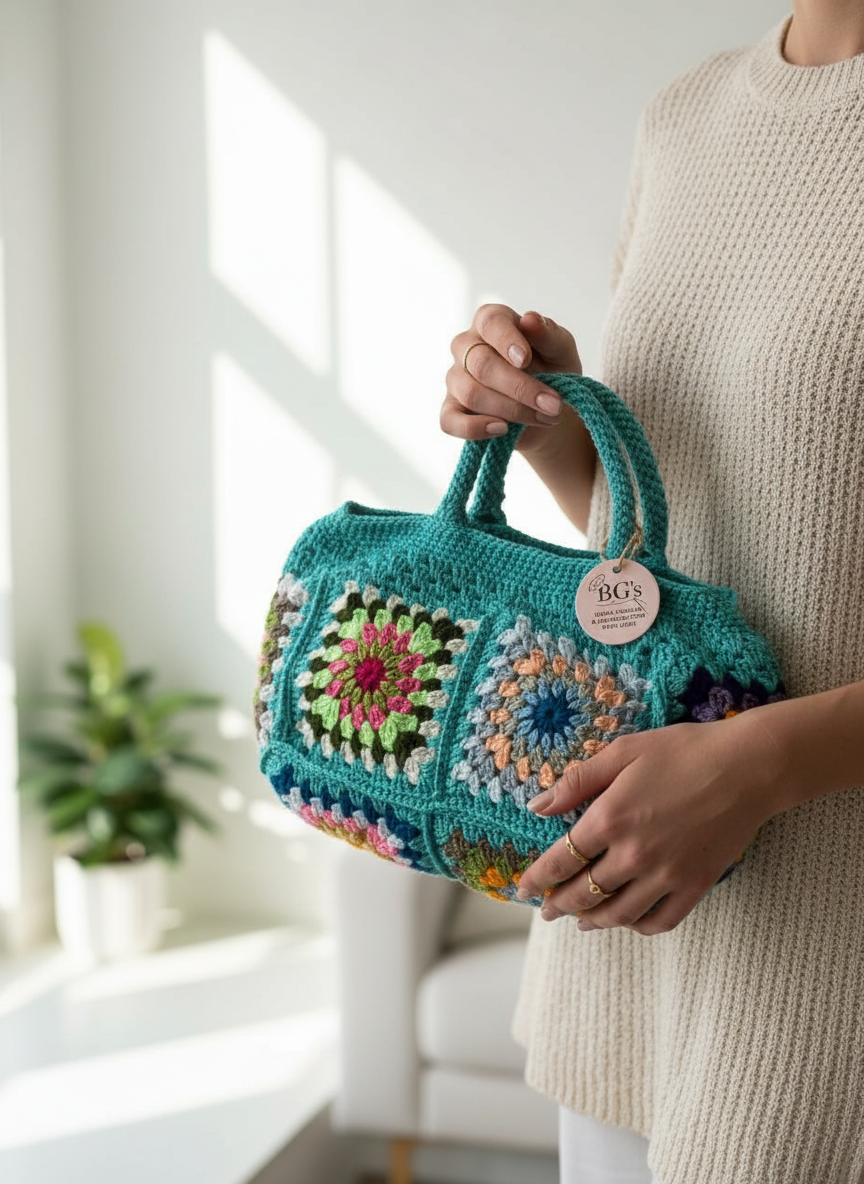 Turquoise Granny Square Crochet Hand Bag
