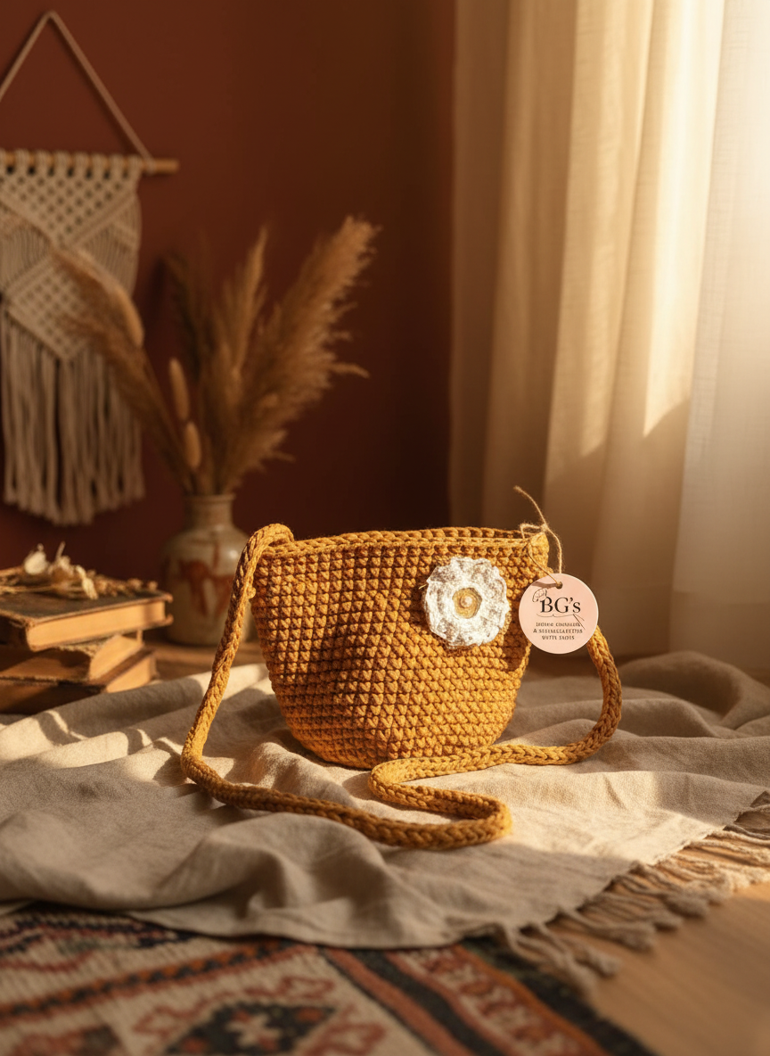 Mustard Yellow Crochet Hand Bag |