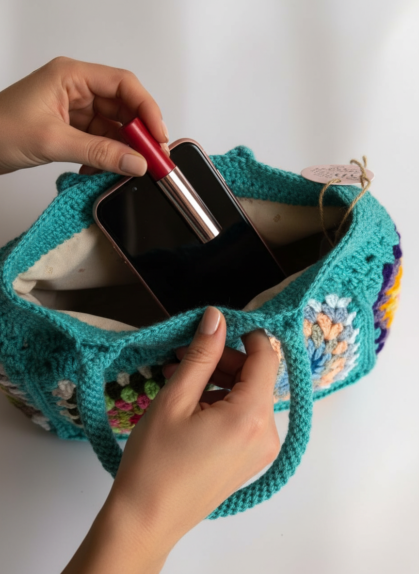 Turquoise Granny Square Crochet Hand Bag