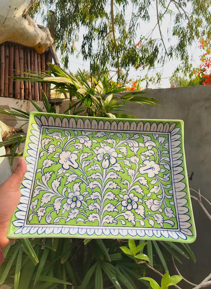 Green & White Ceramic Tea Set | Handmade Tray with 6 Mugs 2 Saucers | Artisan Pottery Se