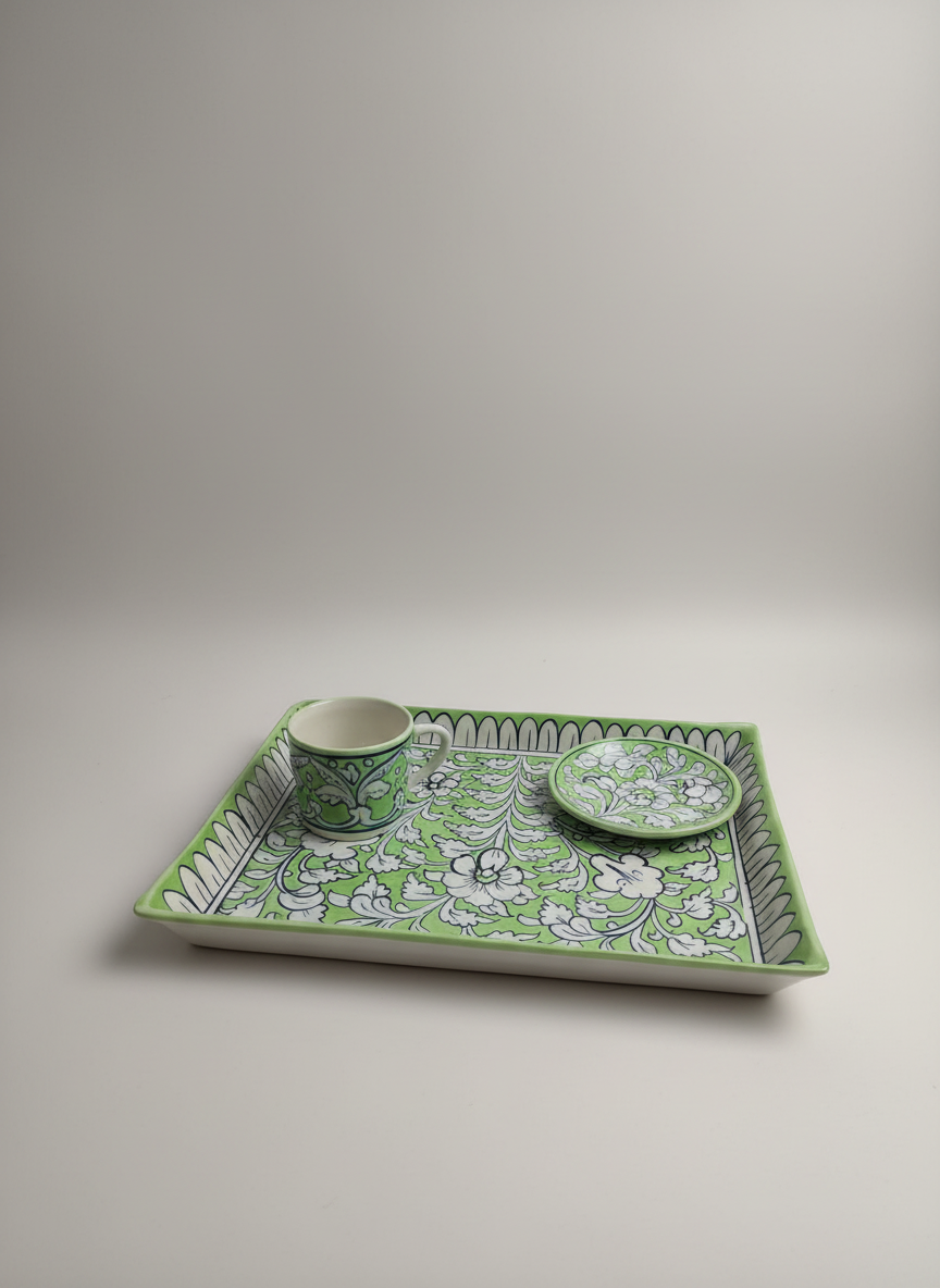 Green & White Ceramic Tea Set | Handmade Tray with 6 Mugs 2 Saucers | Artisan Pottery Se