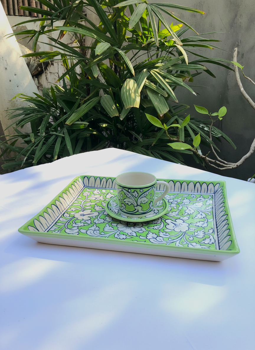 Green & White Ceramic Tea Set | Handmade Tray with 6 Mugs 2 Saucers | Artisan Pottery Se