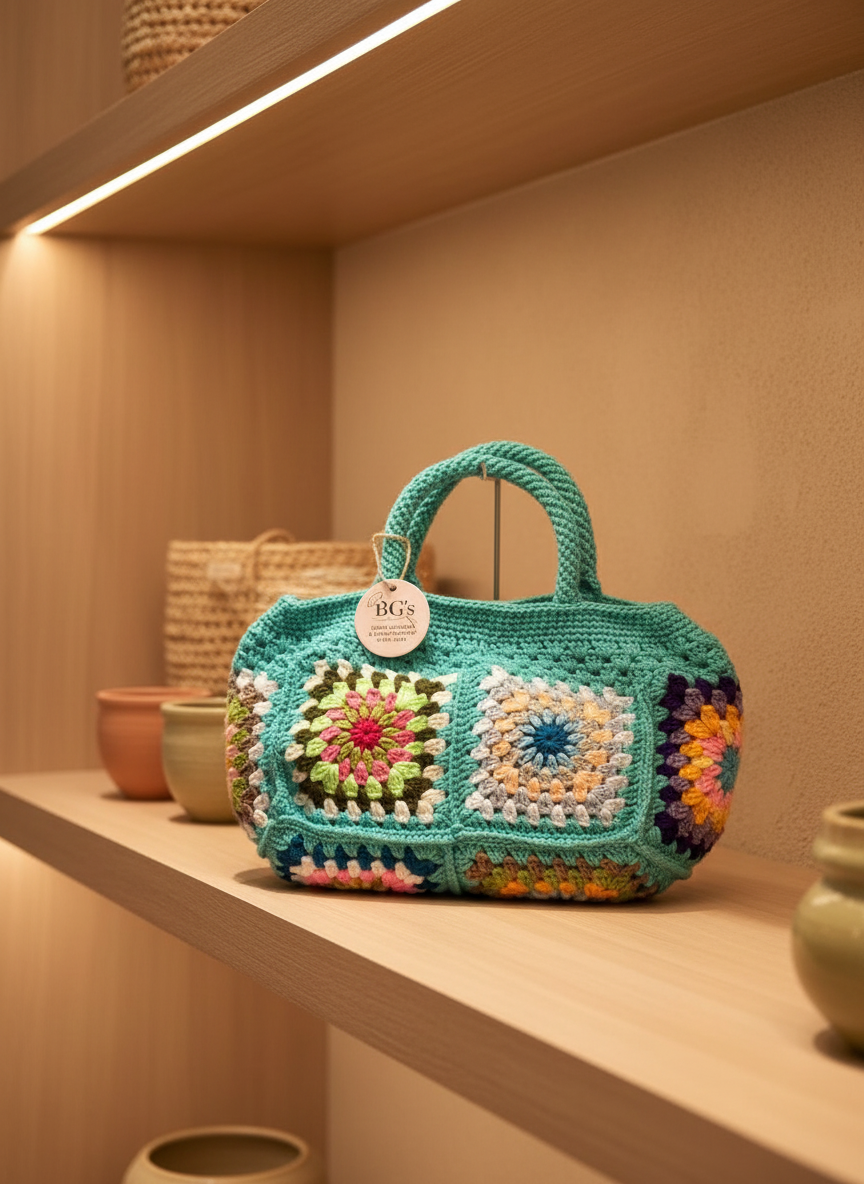 Turquoise Granny Square Crochet Hand Bag