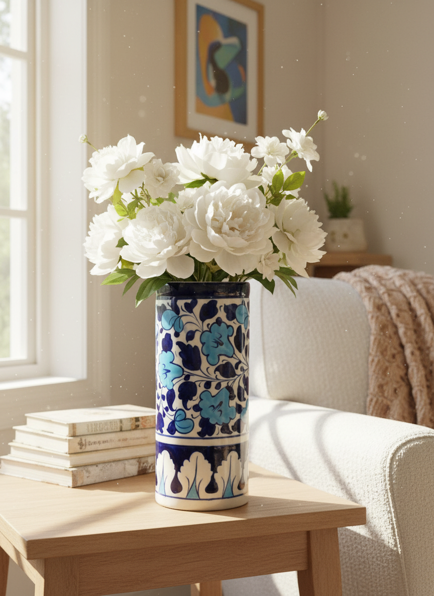 Blue Floral Cylinder Jar| Handmade Cylinder | Decorative Table Accessory | Artisan Pottery