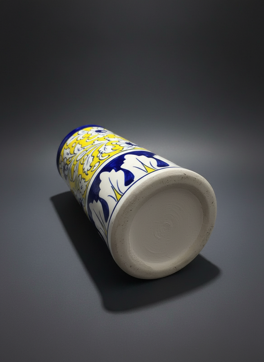 Yellow Blue Floral Cylinder Jar | Handmade Jar | Decorative Table Accessory | Artisan Pottery