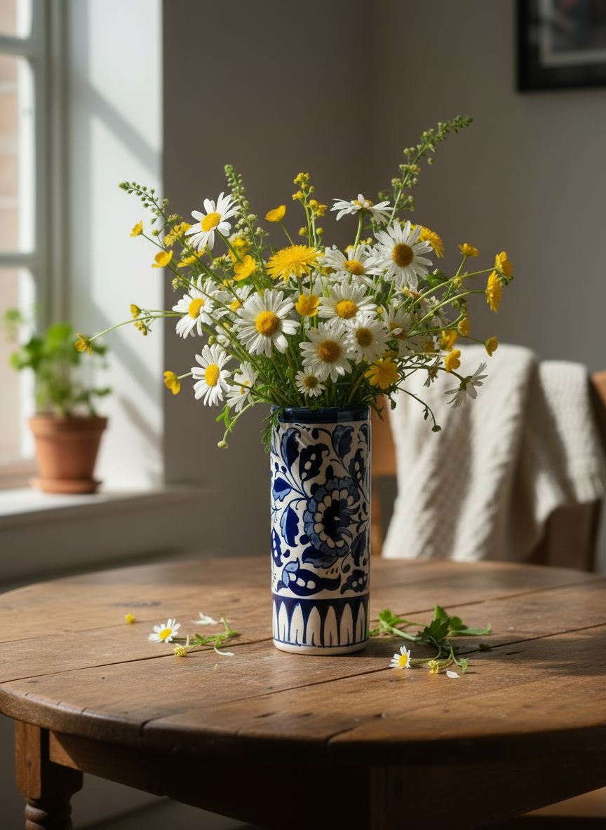 Blue & White Floral Ceramic Cylinder Jar | Handmade Table Protector | Artisan Pottery Home Decor