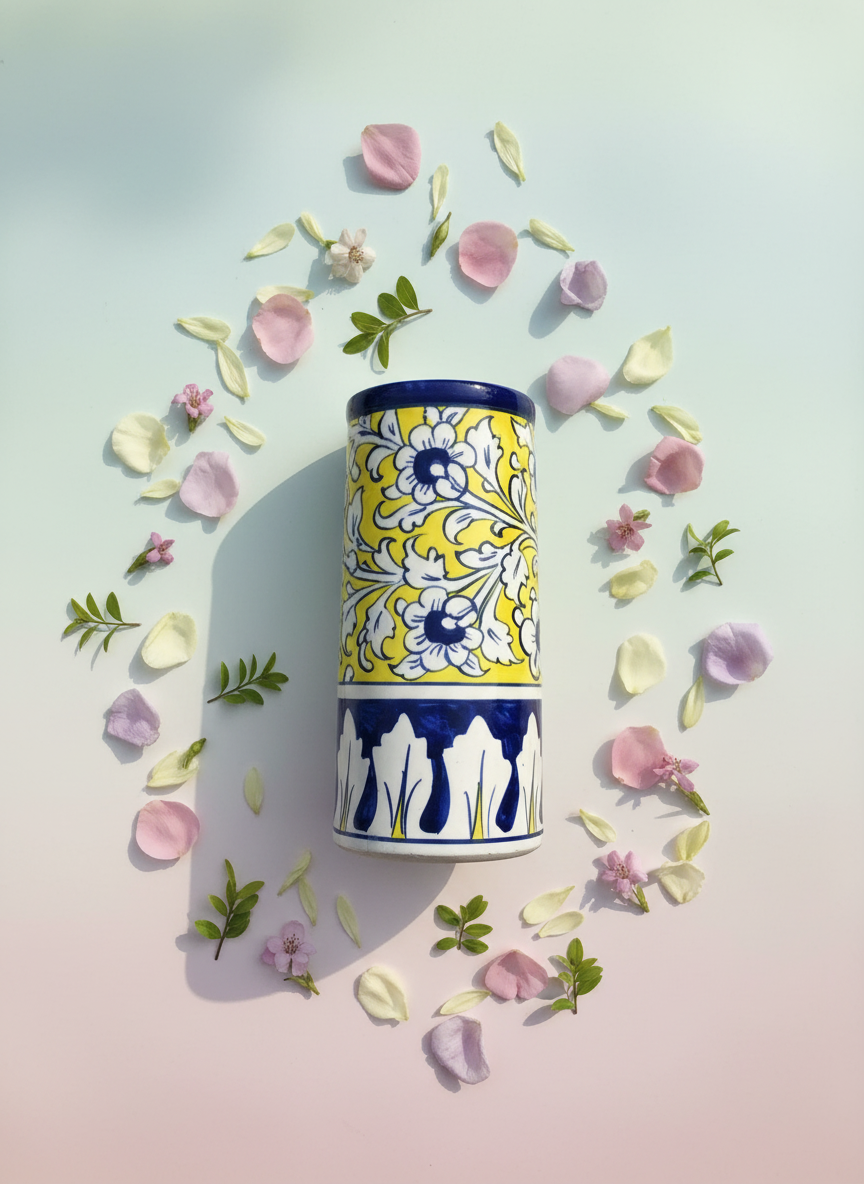 Yellow Blue Floral Cylinder Jar | Handmade Jar | Decorative Table Accessory | Artisan Pottery