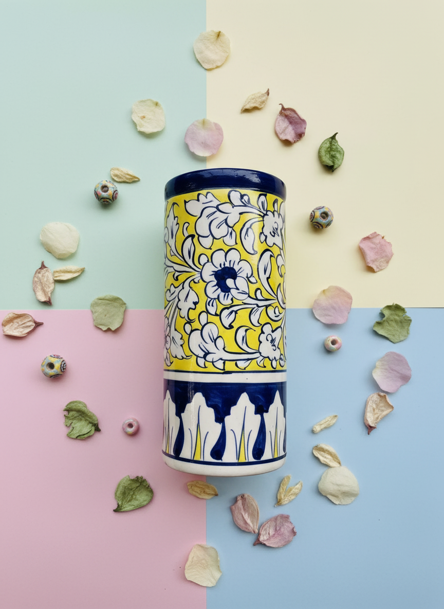 Yellow Blue Floral Cylinder Jar | Handmade Jar | Decorative Table Accessory | Artisan Pottery