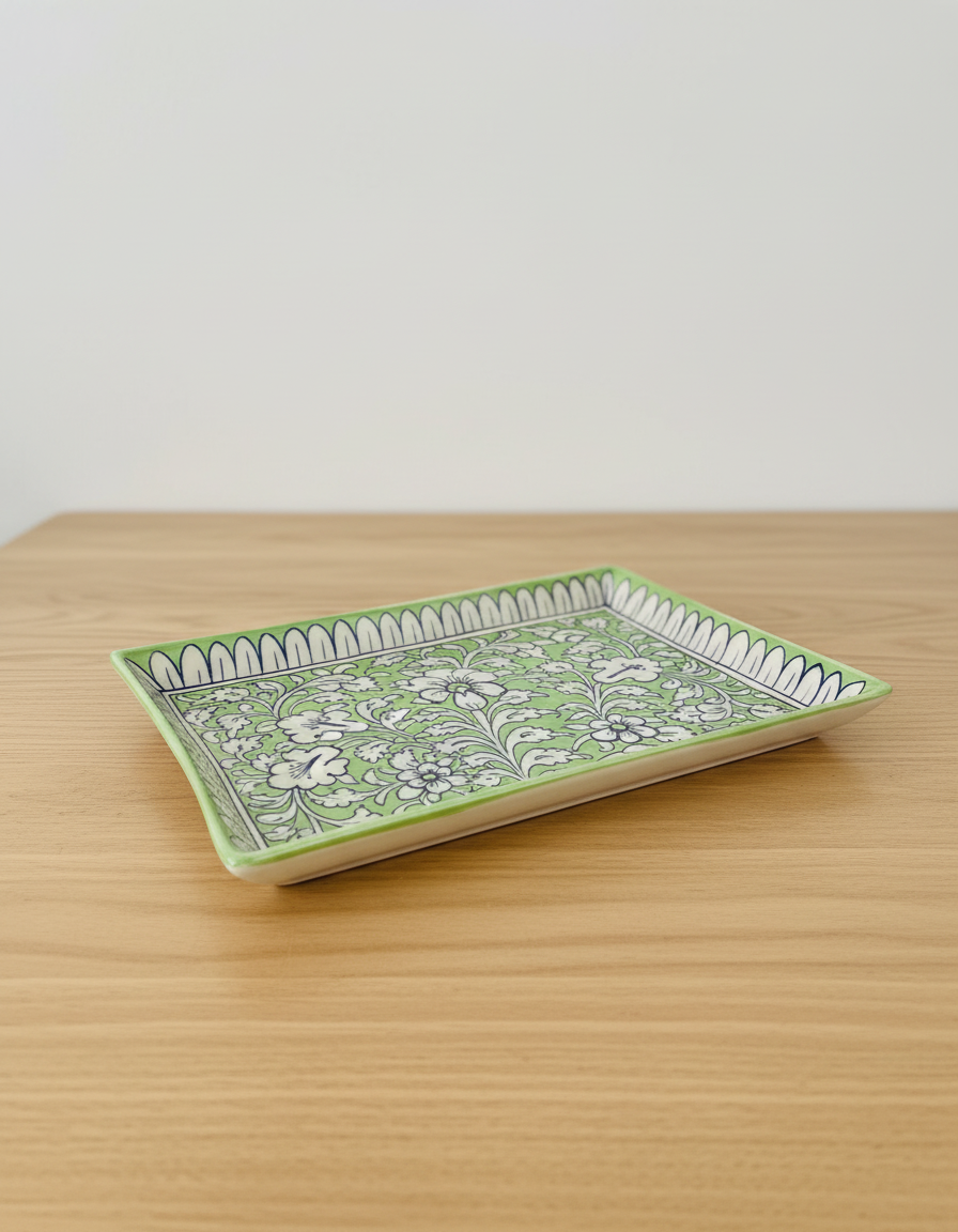 Green & White Ceramic Tea Set | Handmade Tray with 6 Mugs 2 Saucers | Artisan Pottery Se